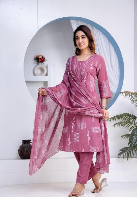 Rose Pink Printed Cotton Kurta Set