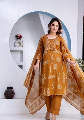 Mustard Printed Cotton Kurta Set