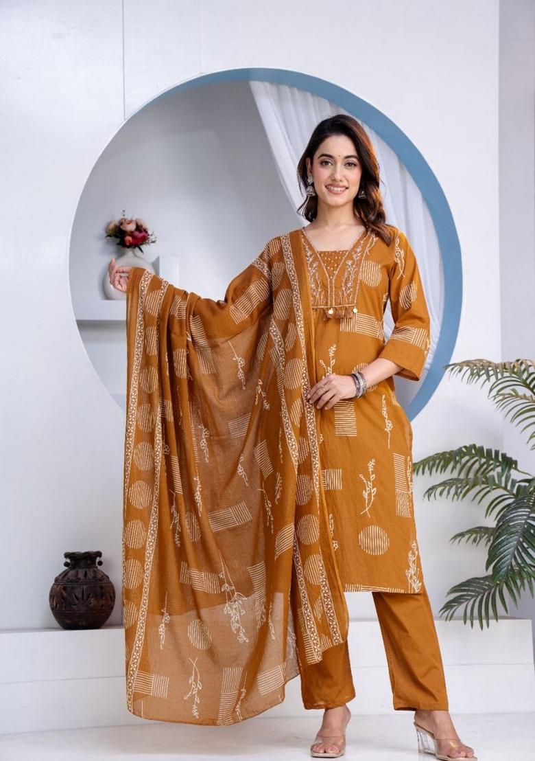 Mustard Printed Cotton Kurta Set - Indya