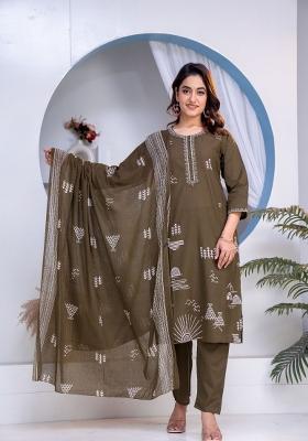 Chocolate Brown Printed Cotton Kurta Set