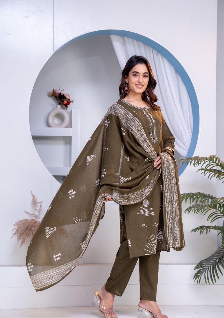 Chocolate Brown Printed Cotton Kurta Set - Indya