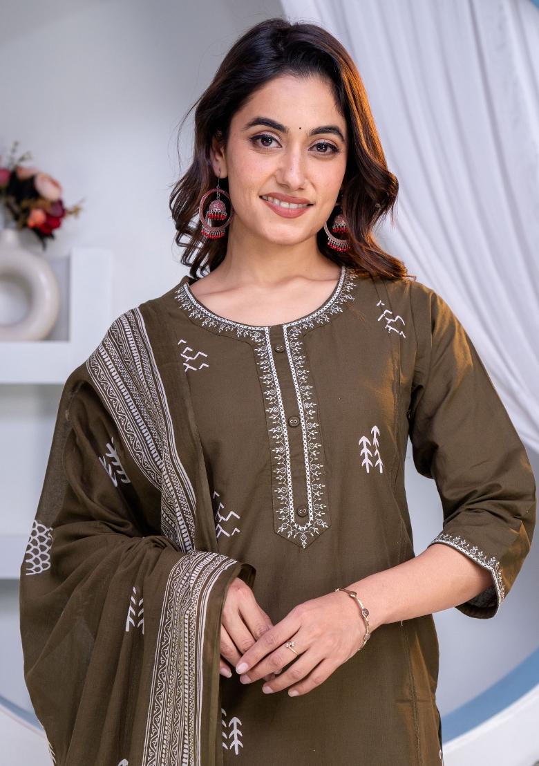 Chocolate Brown Printed Cotton Kurta Set - Indya