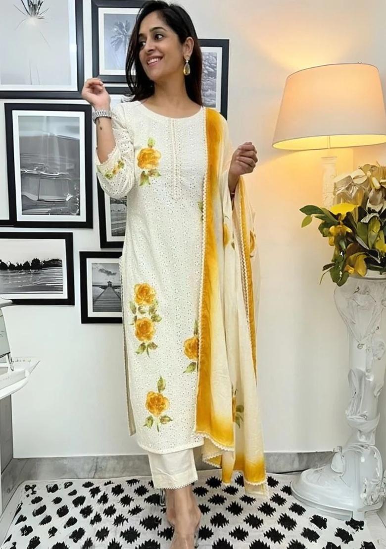 Yellow Printed Cotton Kurta Set - Indya