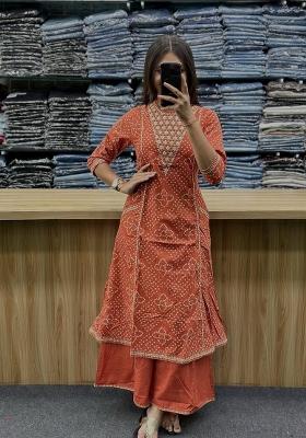 Orange Printed Cotton Kurta Set