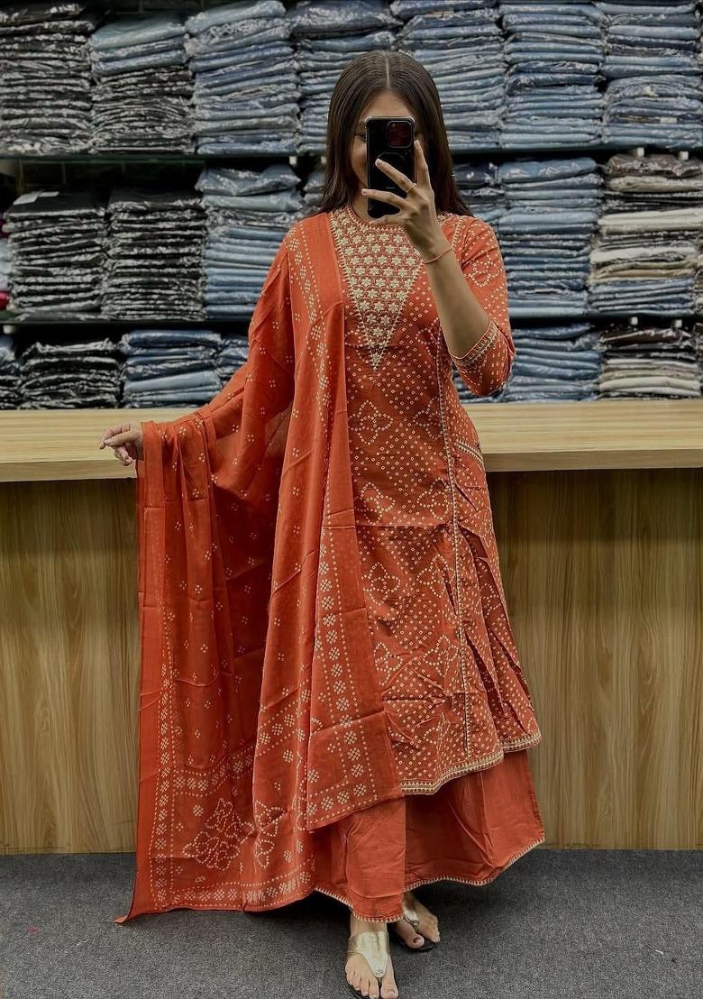 Orange Printed Cotton Kurta Set - Indya
