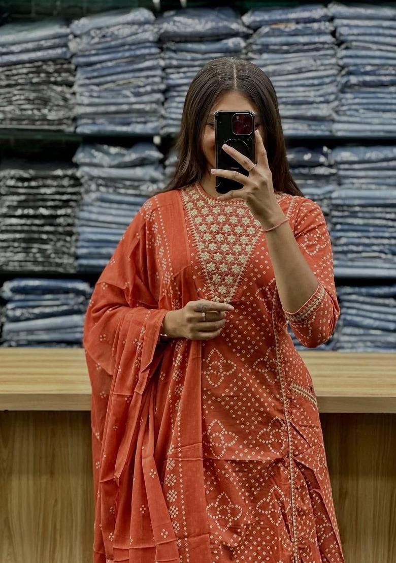 Orange Printed Cotton Kurta Set - Indya