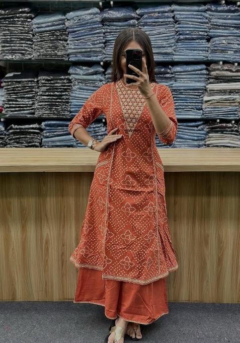 Orange Printed Cotton Kurta Set