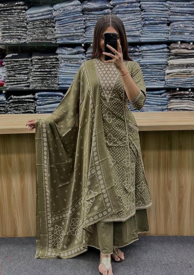 Green Printed Cotton Kurta Set - Indya
