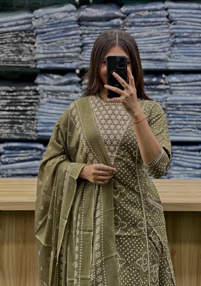 Green Printed Cotton Kurta Set - Indya