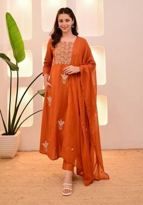 Orange Printed Cotton Kurta Set