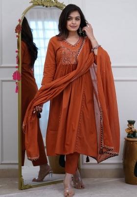 Orange Printed Cotton Kurta Set