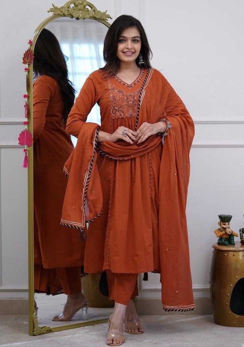 Orange Printed Cotton Kurta Set - Indya
