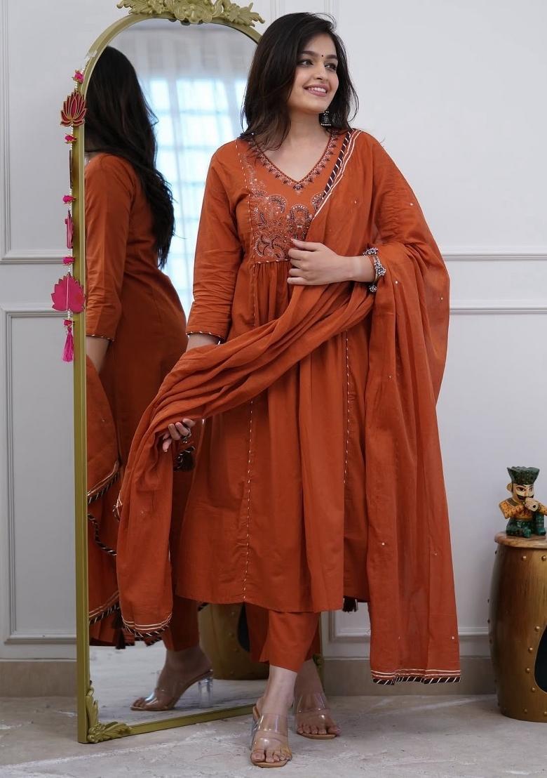 Orange Printed Cotton Kurta Set - Indya