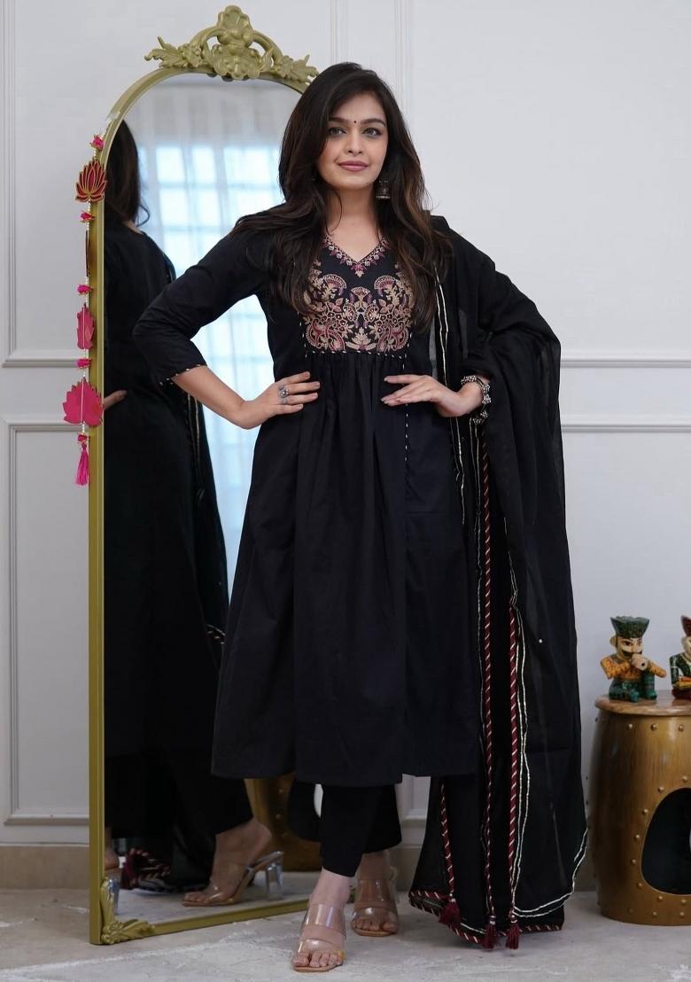 Black Printed Cotton Kurta Set - Indya