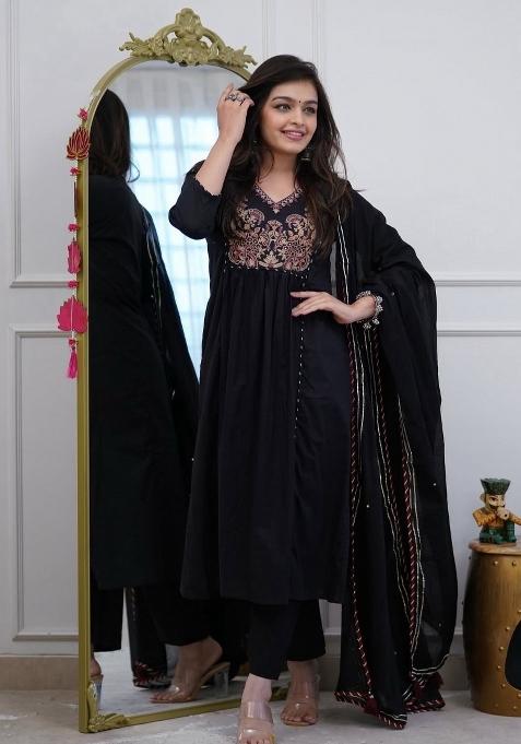 Black Printed Cotton Kurta Set