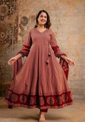 Red Printed Cotton Kurta Set