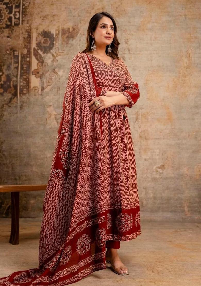 Red Printed Cotton Kurta Set - Indya