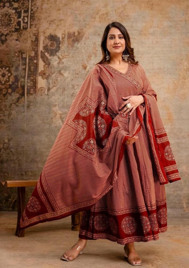 Red Printed Cotton Kurta Set - Indya