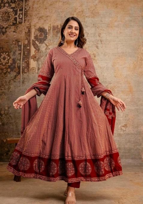Red Printed Cotton Kurta Set