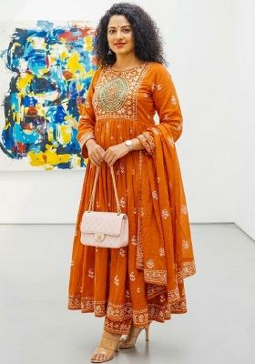 Orange Printed Cotton Kurta Set