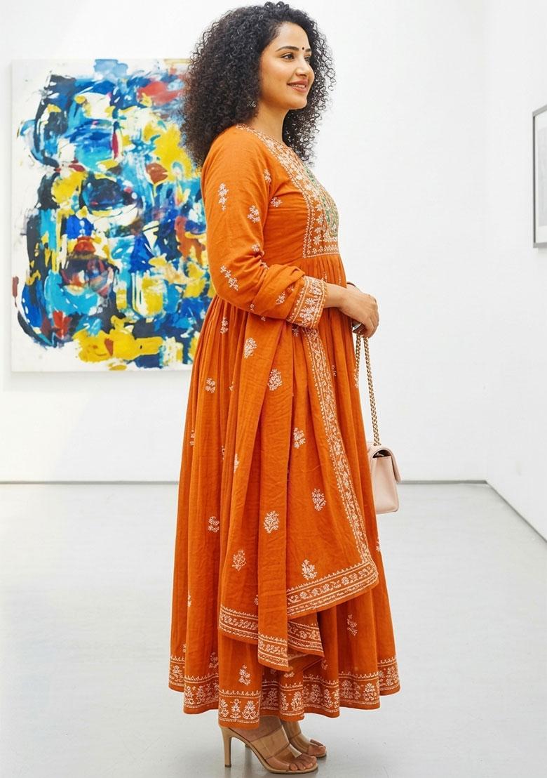 Orange Printed Cotton Kurta Set - Indya