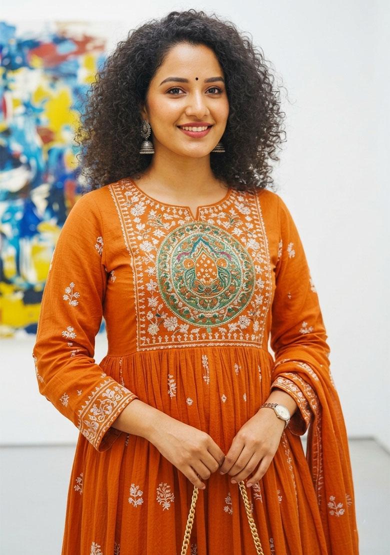 Orange Printed Cotton Kurta Set - Indya