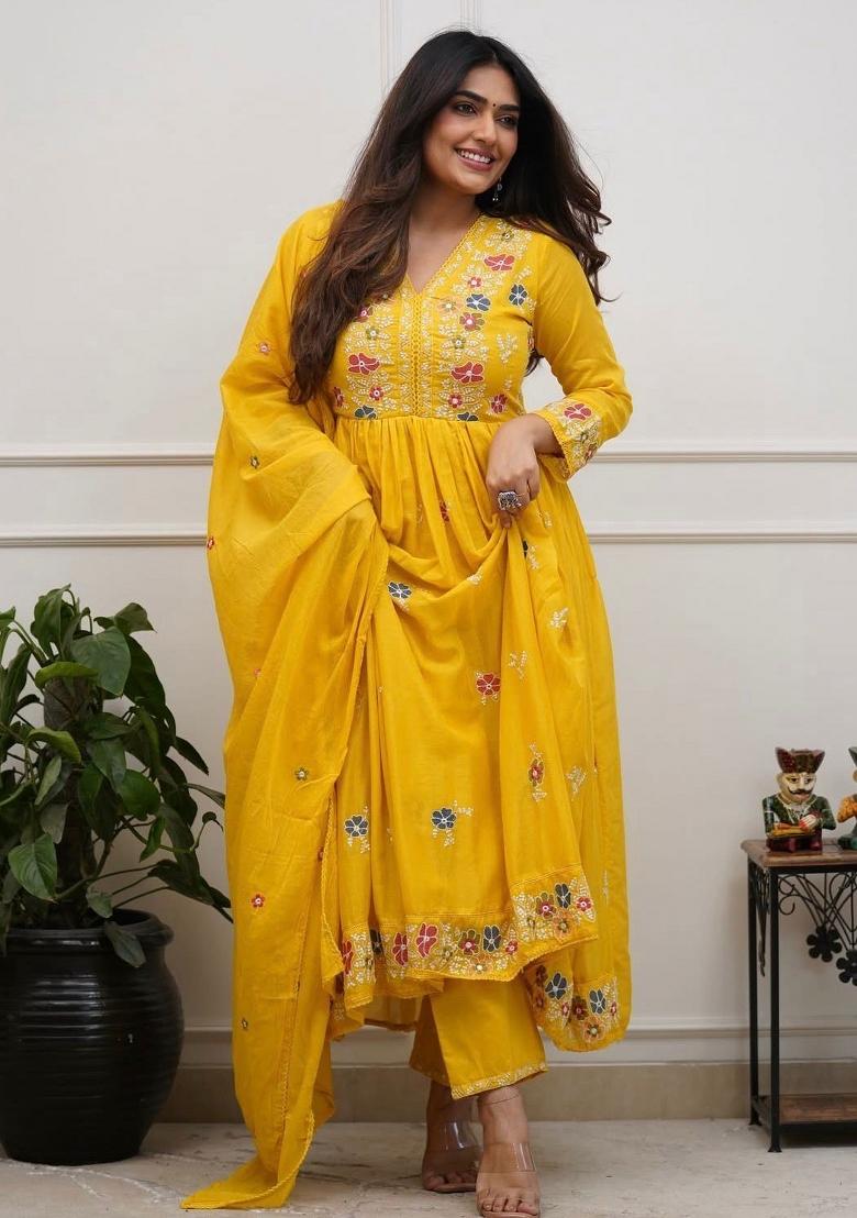 Yellow Printed Cotton Kurta Set - Indya