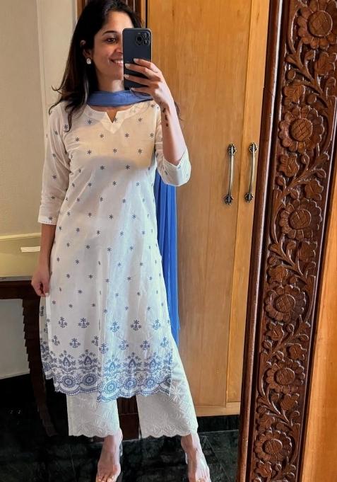 Blue Printed Cotton Kurta Set
