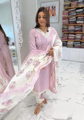 Lavender Printed Cotton Kurta Set