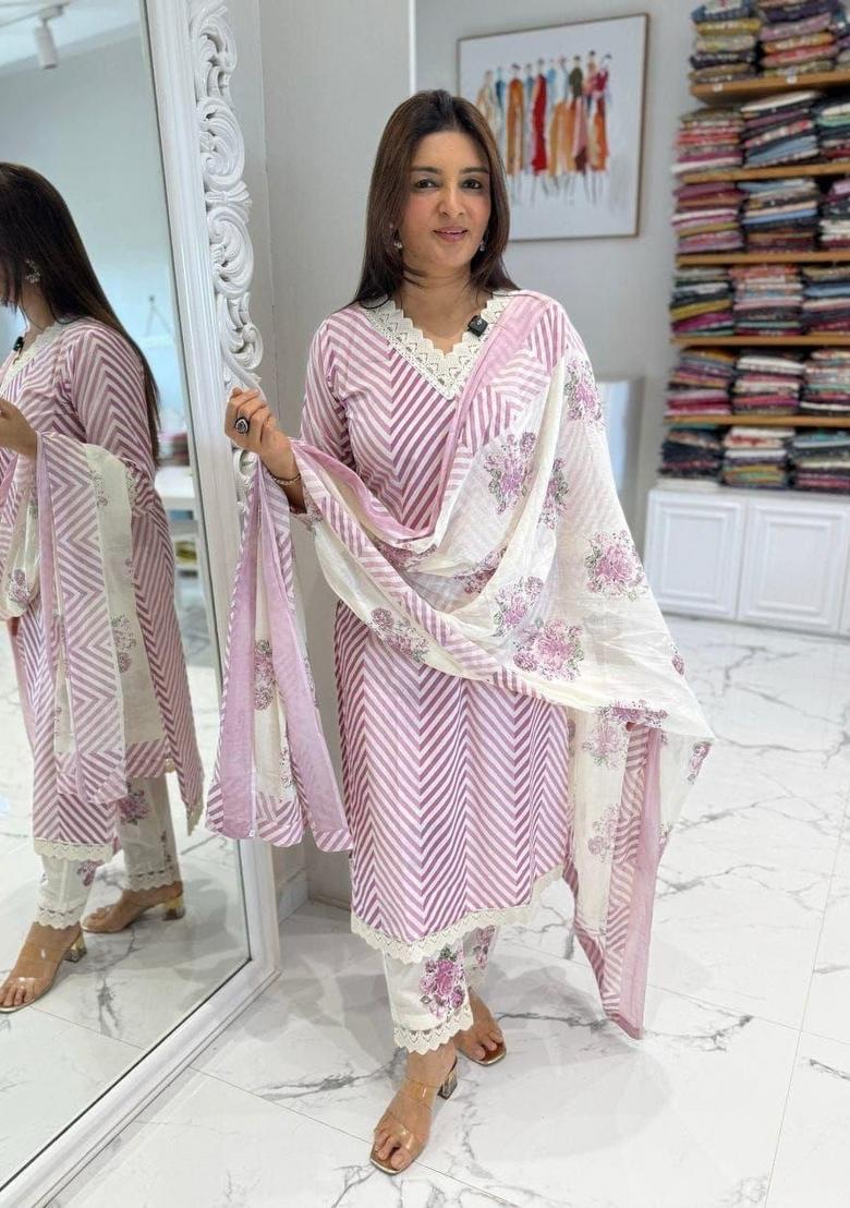 Lavender Printed Cotton Kurta Set - Indya