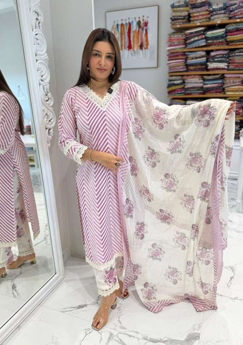 Lavender Printed Cotton Kurta Set - Indya