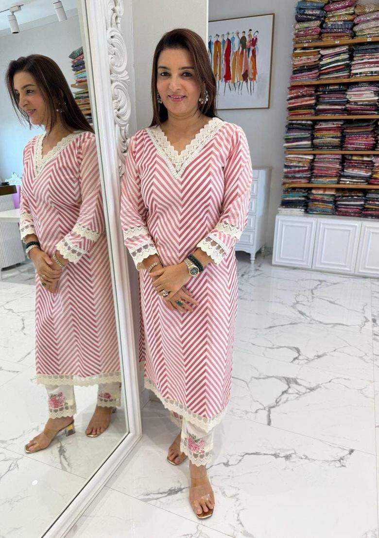Red Printed Cotton Kurta Set - Indya