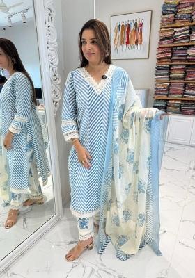 Blue Printed Cotton Kurta Set