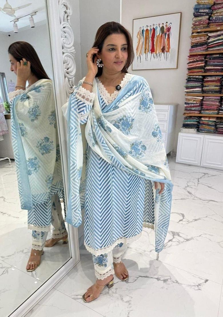 Blue Printed Cotton Kurta Set - Indya