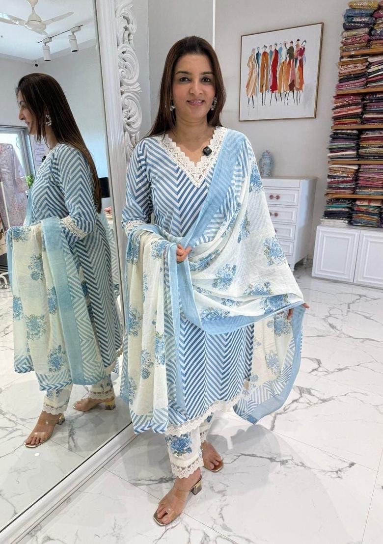 Blue Printed Cotton Kurta Set - Indya