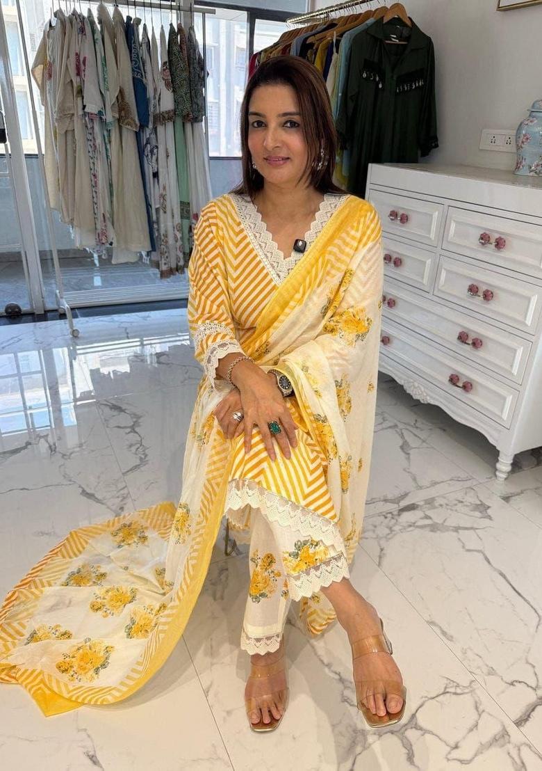 Yellow Printed Cotton Kurta Set - Indya