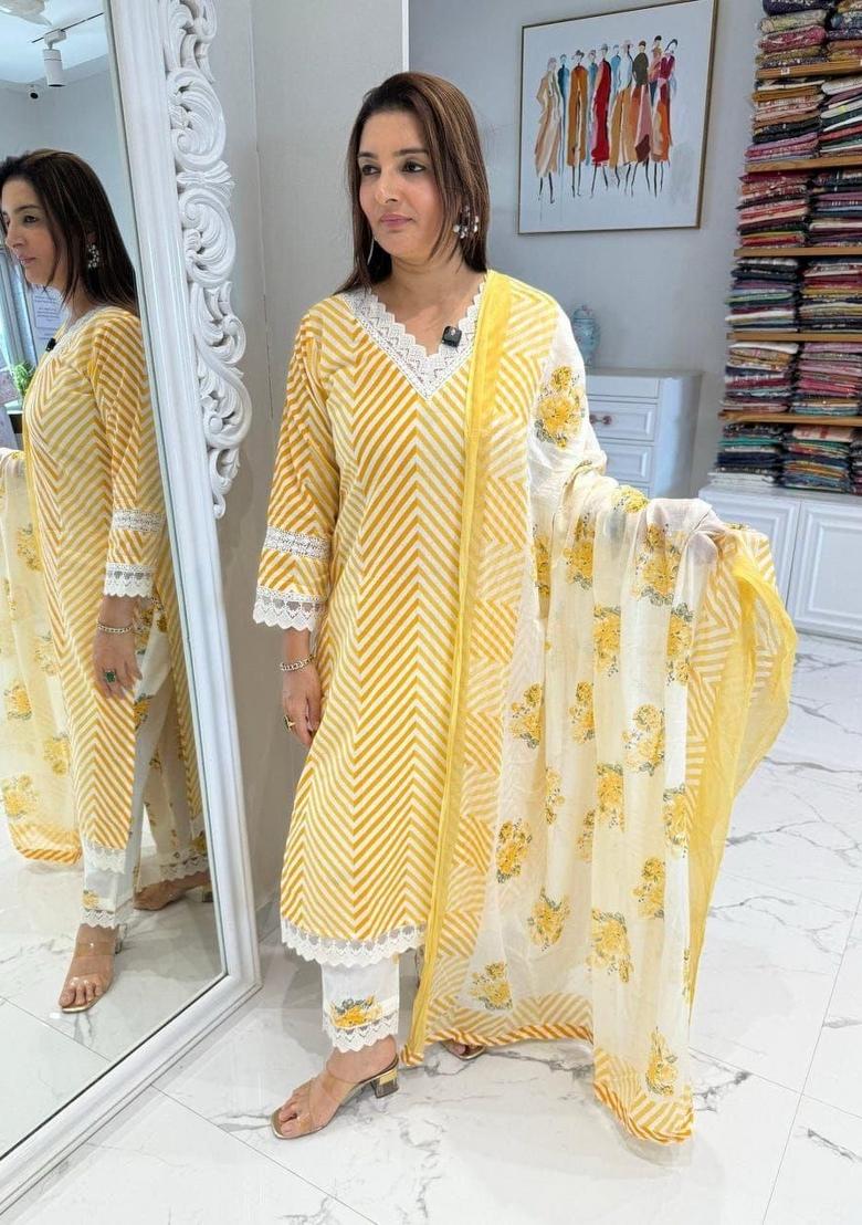 Yellow Printed Cotton Kurta Set - Indya