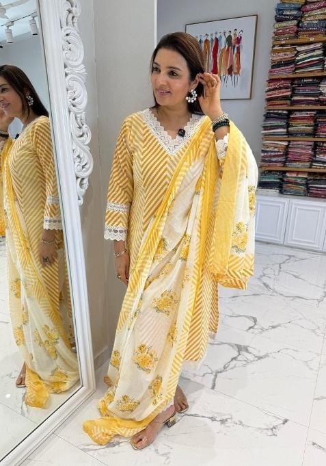 Yellow Printed Cotton Kurta Set