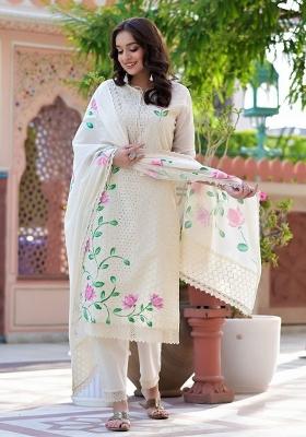 White Printed Cotton Kurta Set