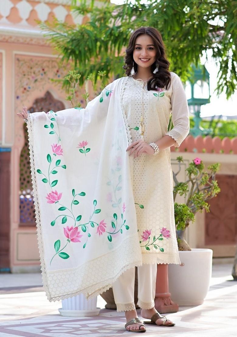 White Printed Cotton Kurta Set - Indya