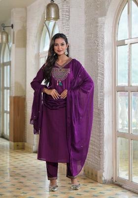 Purple Printed Cotton Kurta Set