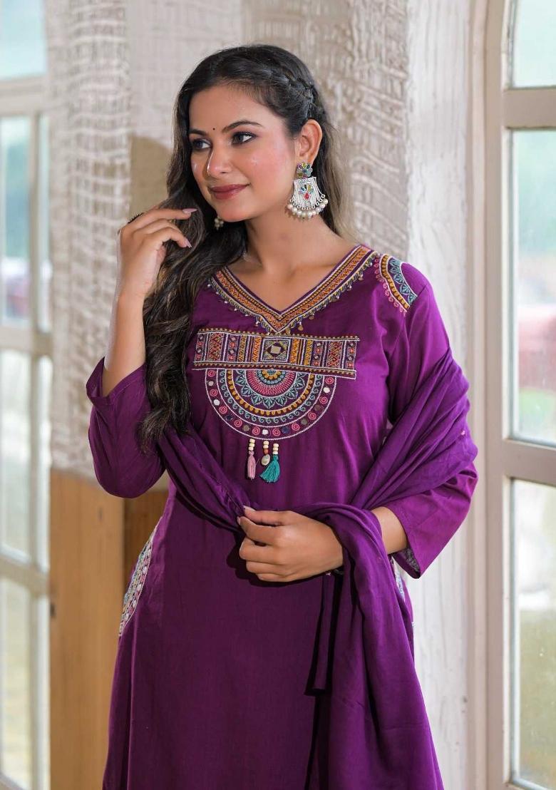 Purple Printed Cotton Kurta Set - Indya