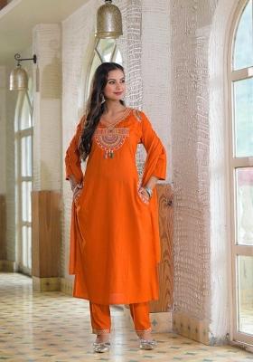 Orange Printed Cotton Kurta Set