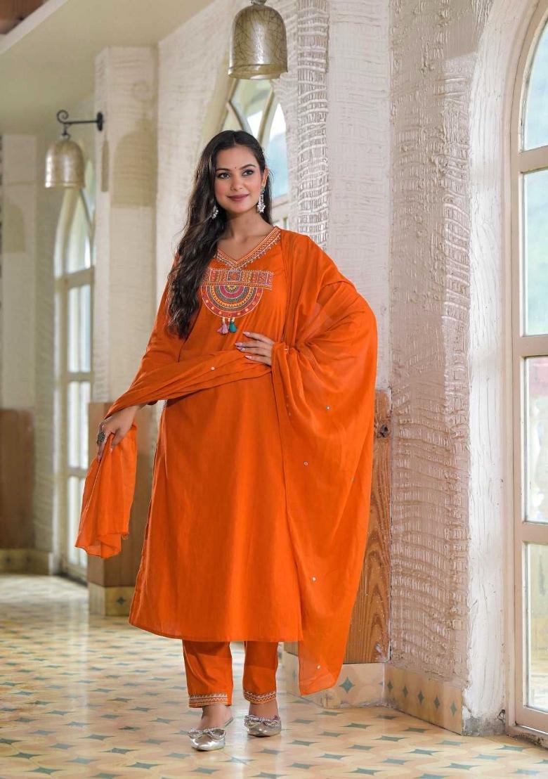 Orange Printed Cotton Kurta Set - Indya