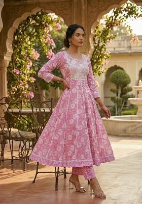 Pink Printed Cotton Kurta Set