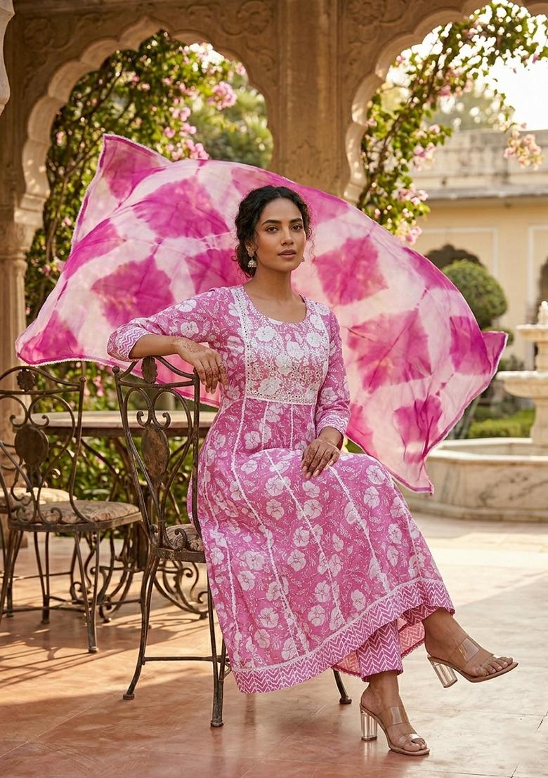 Pink Printed Cotton Kurta Set - Indya