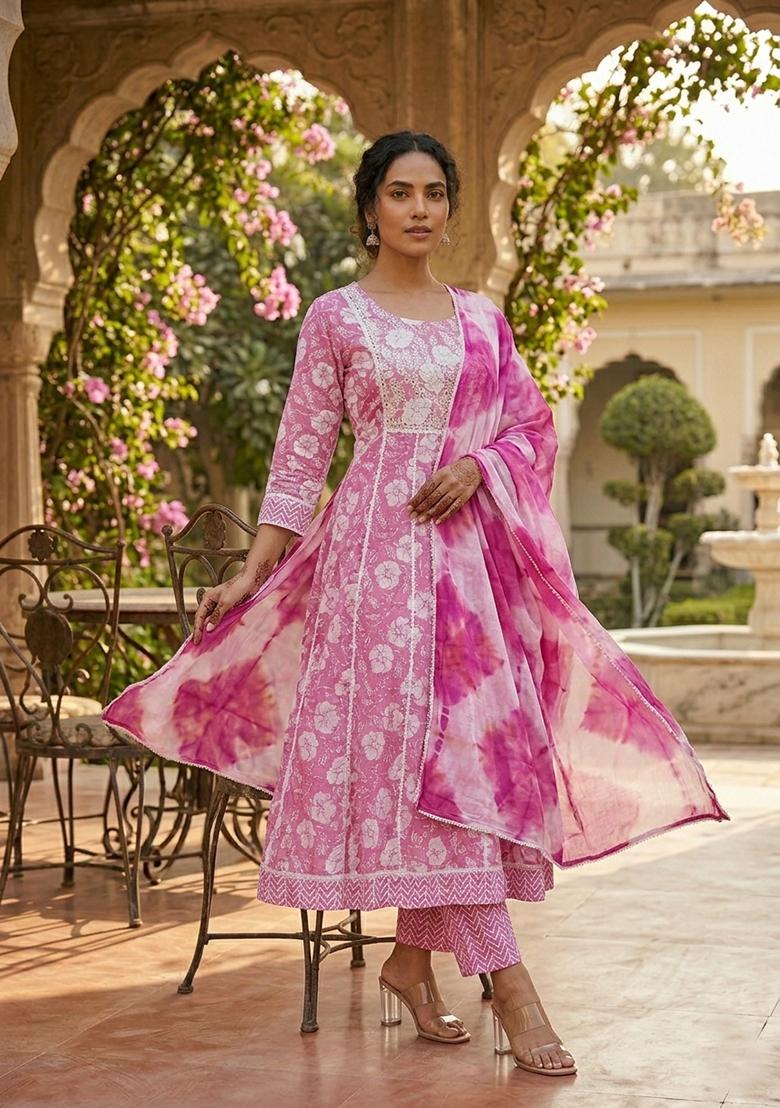 Pink Printed Cotton Kurta Set - Indya