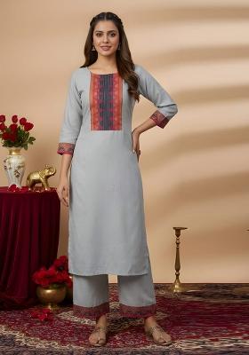 Grey Plain Cotton Kurta Set