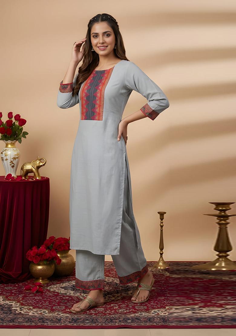 Grey Plain Cotton Kurta Set - Indya