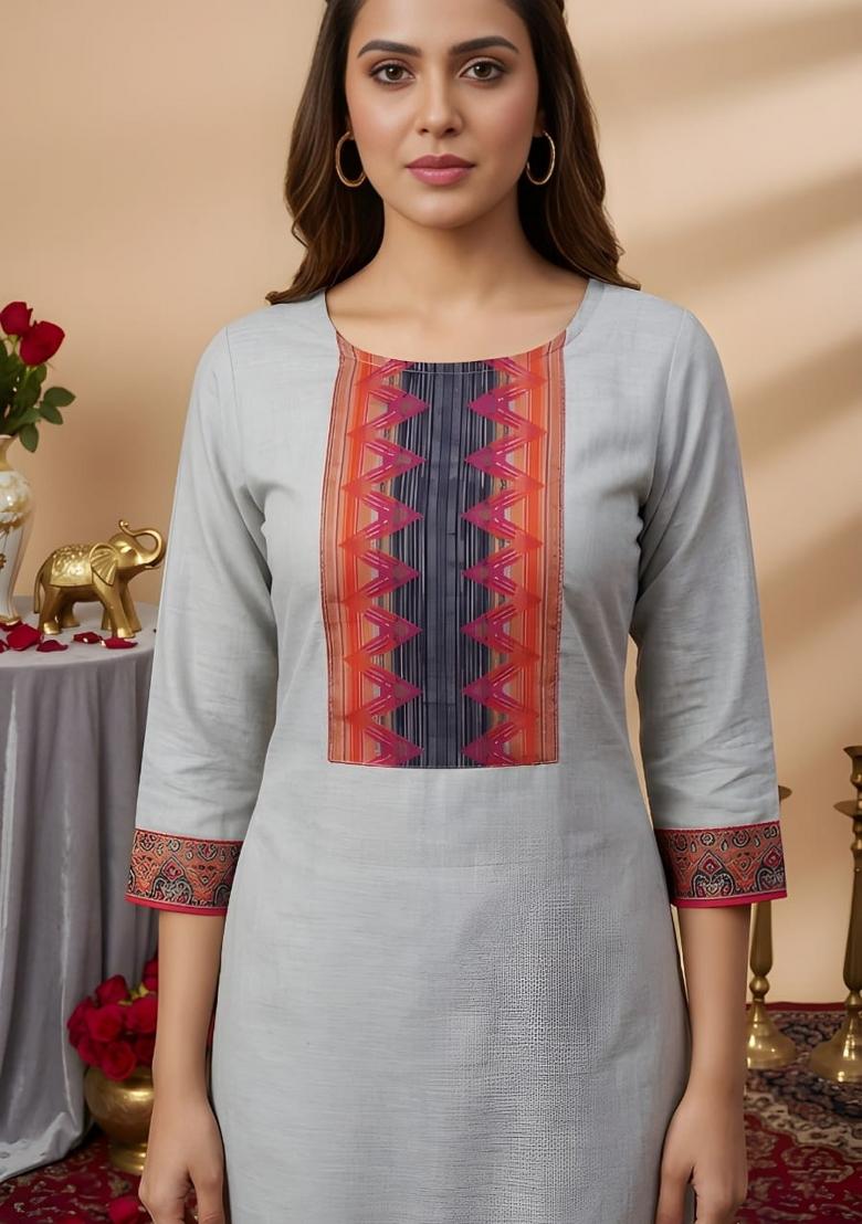 Grey Plain Cotton Kurta Set - Indya